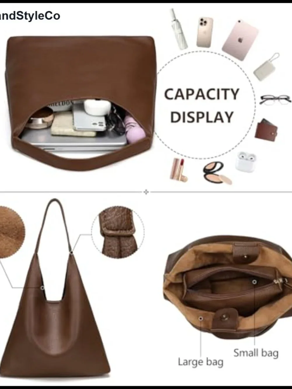 Slouchy Hobo Bag Vegan Leather Shoulder Handbag Tote Purse with Cosmetic Bag